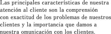 Las principales características de nuestra atención al cliente son la comprensión con exactitud de los problemas de nuestros clientes y la importancia que damos a nuestra comunicación con los clientes.