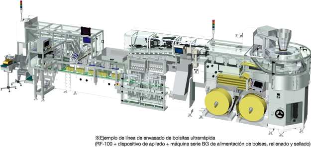 Ejemplo de línea de envasado de bolsitas ultrarrápida (RF-100 + dispositivo de apilado + máquina serie BG de alimentación de bolsas, rellenado y sellado)